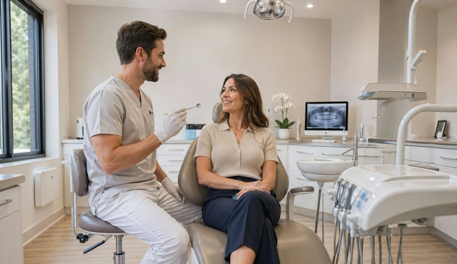 Dentist talking with a smiling patient
