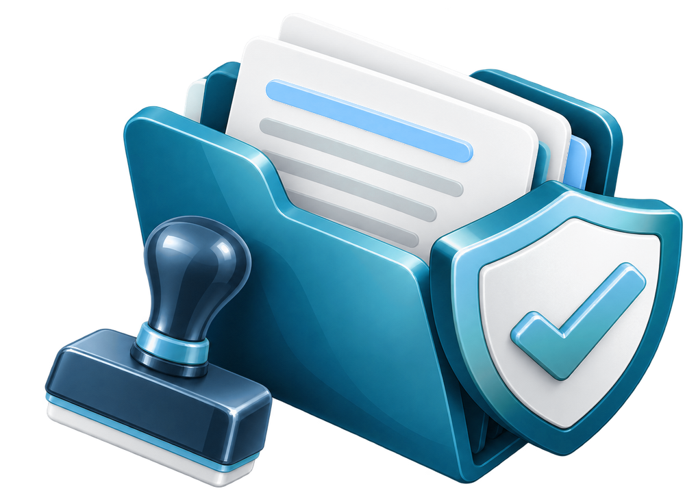 Folder with documents, a stamp and a shield