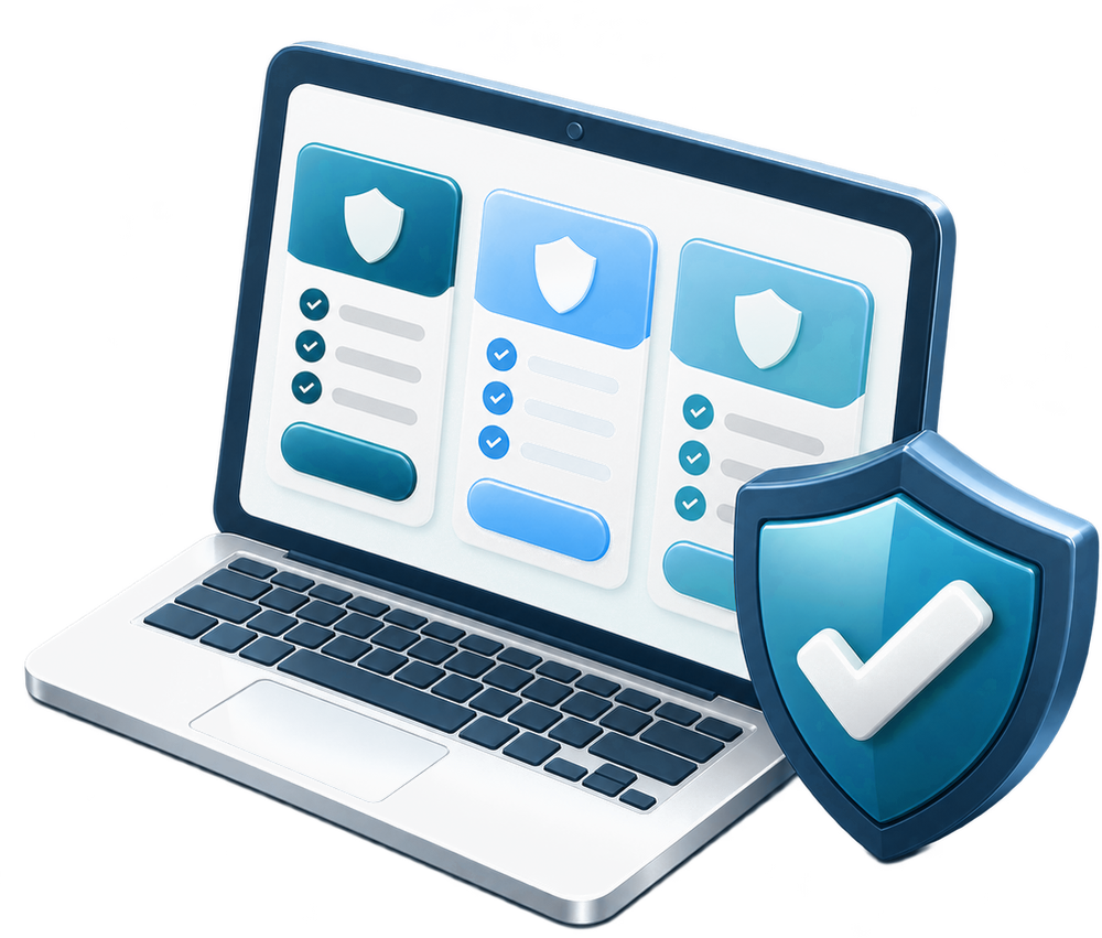 Laptop showing three plan cards beside a green shield with a check mark