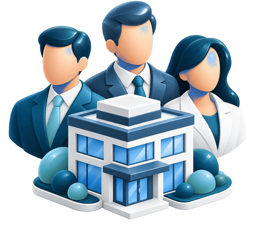 Three agency colleagues behind a small office building