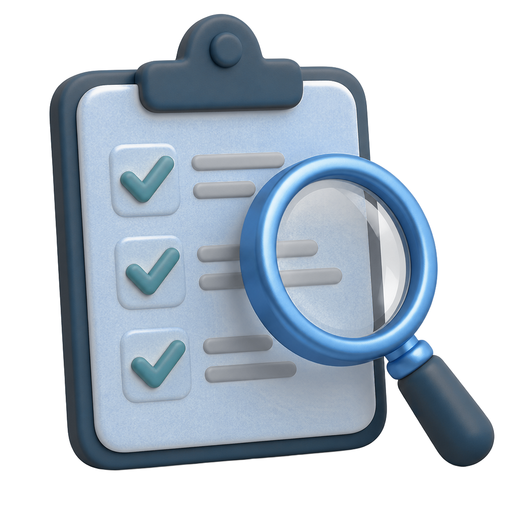 Checklist clipboard under a gold magnifying glass