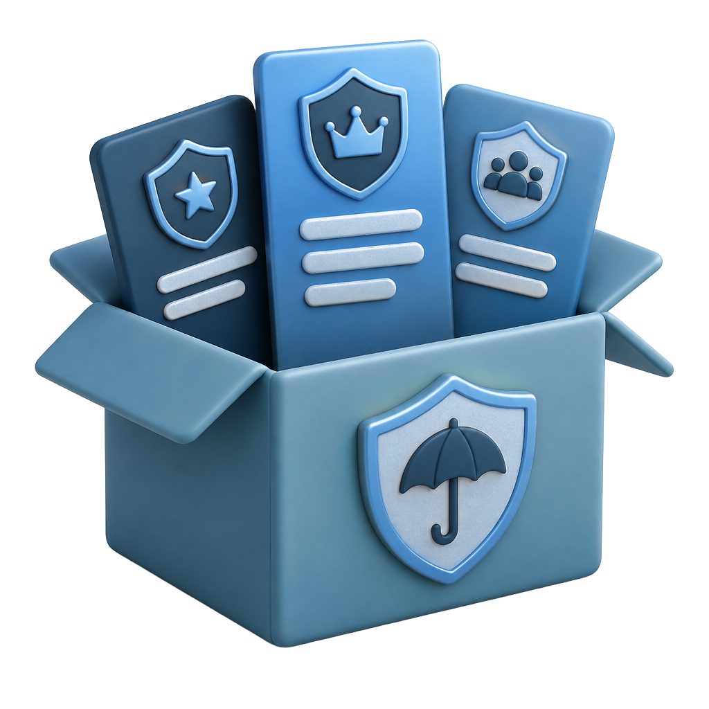 Open sea-green coverage box with plan cards