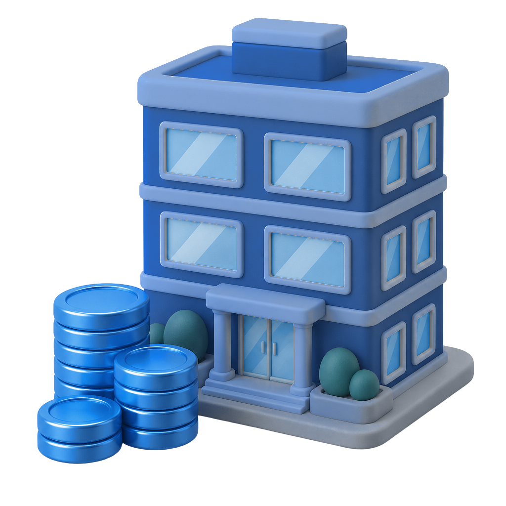 Sea-green office building with gold coins