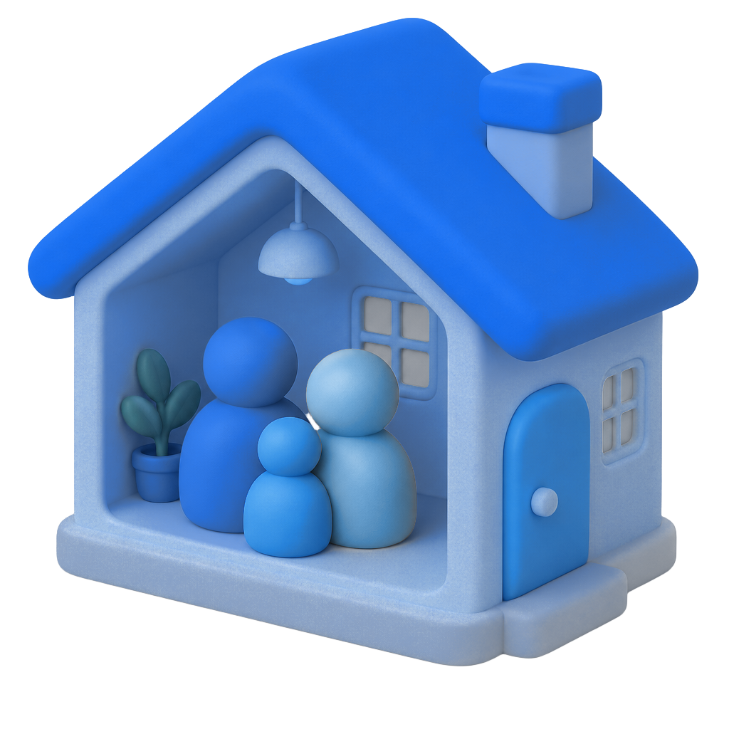 Family inside a small sea-green roofed house