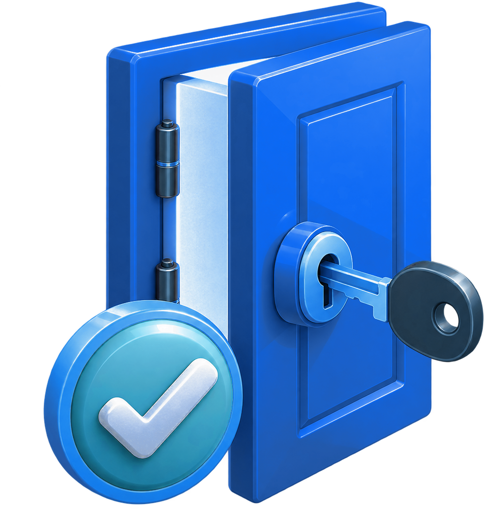 Open door with a key and a check badge