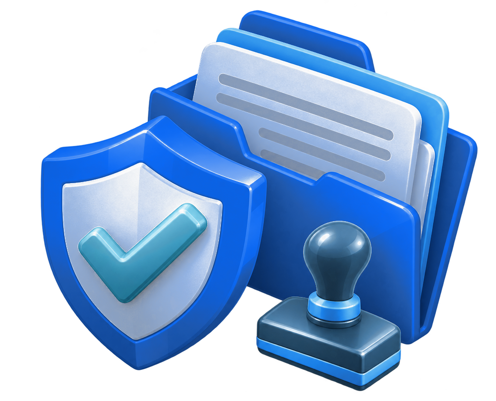 Shield with a check mark in front of a document folder