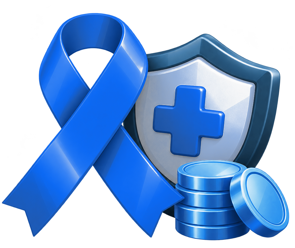Awareness ribbon beside a shield and coins