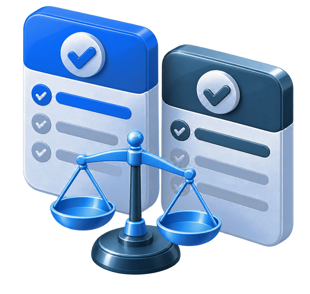 Two plan cards with a balance scale