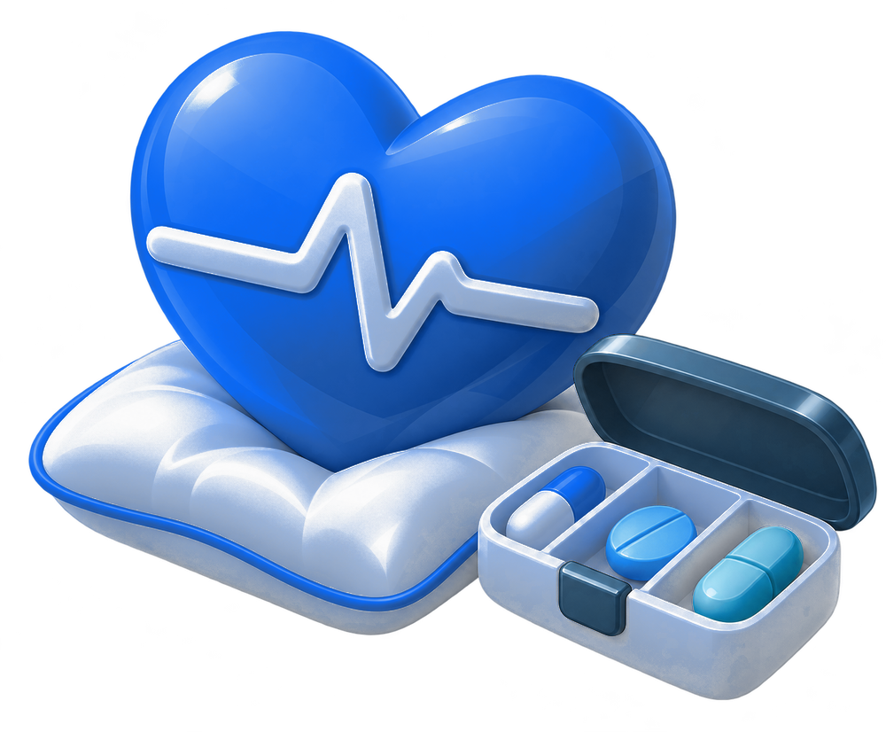 Heart with a heartbeat line beside a pill organizer