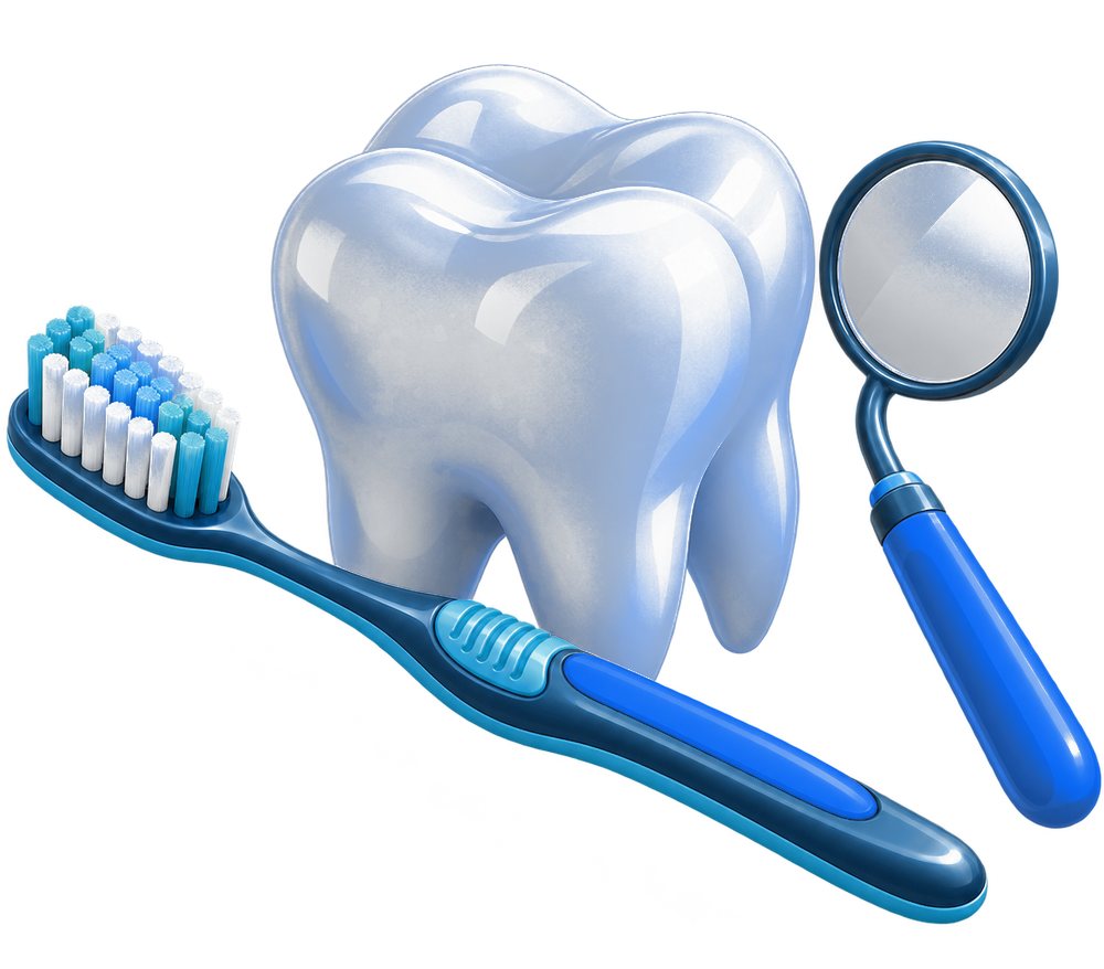 Tooth with a toothbrush and dental mirror