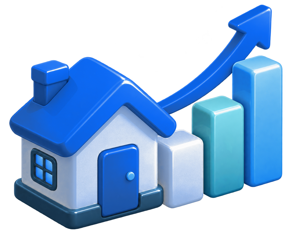 Small house beside rising income bars