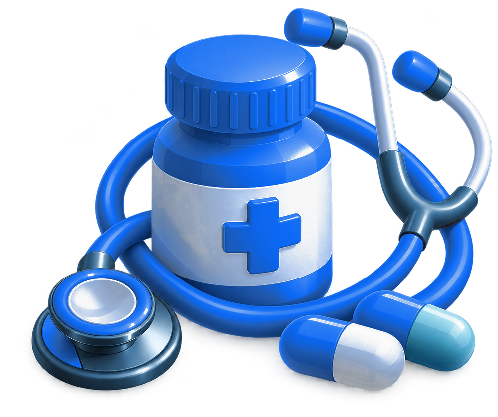 Stethoscope looped around a medicine bottle with two capsules