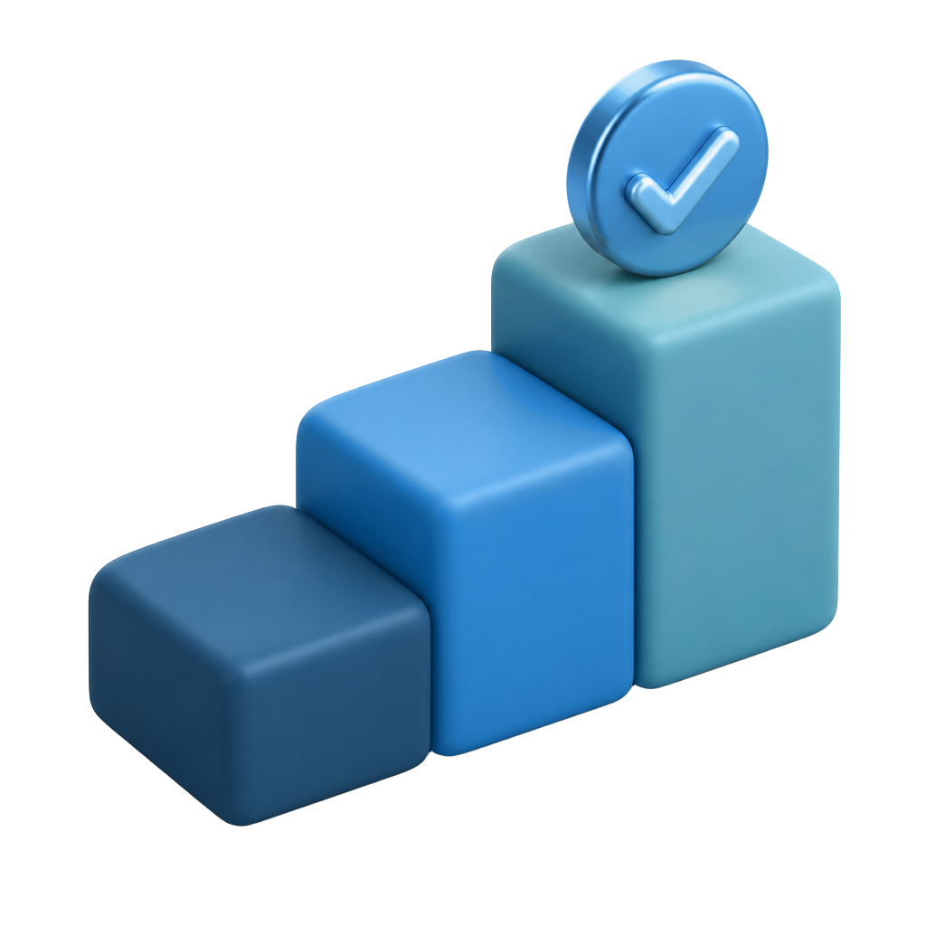 Three rising steps with a gold check badge